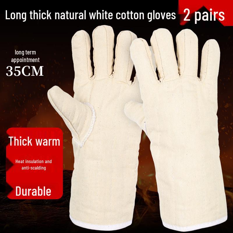 White Heat-Resistant Cotton Gloves: Anti-Scald, High-Temperature Protection, Five-Finger Design, Thickened for Kitchen and Winter Use.