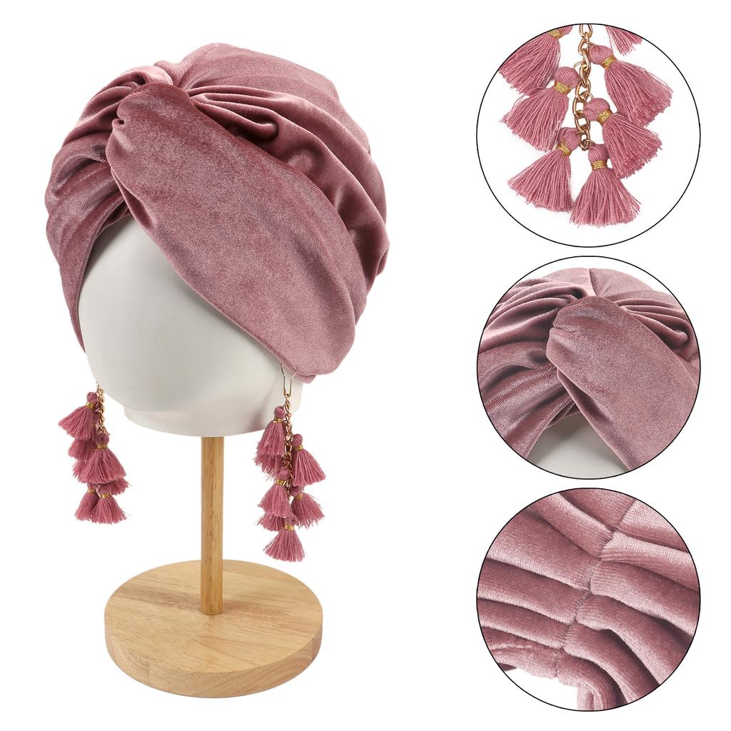 New Spring Women's Bohemia Velet Turban Tassel Head Wrap Cap European American Retro Style Boho Cross Beanie Hat