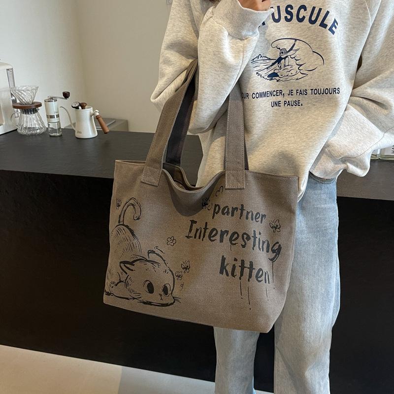 Cartoon Letter Cat Canvas Bag Women's 2025 Autumn and Winter New Large-capacity Shoulder Bag Versatile Tote Bag