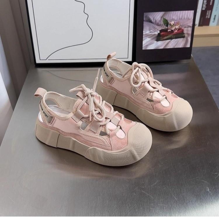 

мода 2024 лето женские сандалии сетчатые повседневные туфли белые на толстой подошве на шнуровке сандалии с открытым носком пляжная обувь для женщин новые 40 розовый