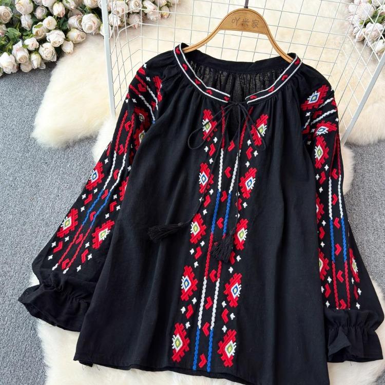 Summer Vintage Women Blouse Embroidered Puff Sleeve Color Block Ethnic Style Camisa Feminina Casual Tops