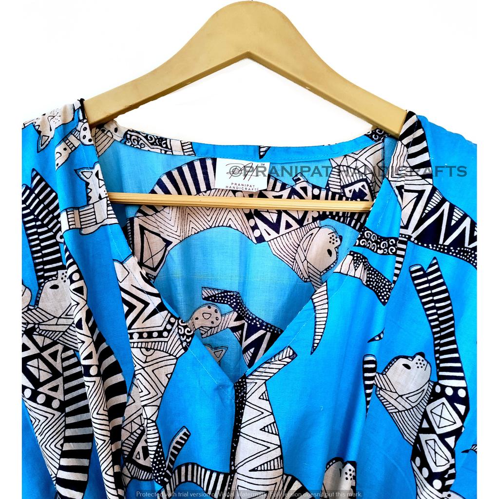 Women Cotton Summer Turquoise Sleepwear Egyptian Cat Print Maxi Caftan Dress CKFTN-SCRN-FULL-BUYIT-111