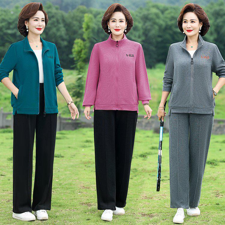 Spring & Autumn Casual Sportswear Set for Middle-Aged Women: Two-Piece Hoodie & Loose Thickened Coat
