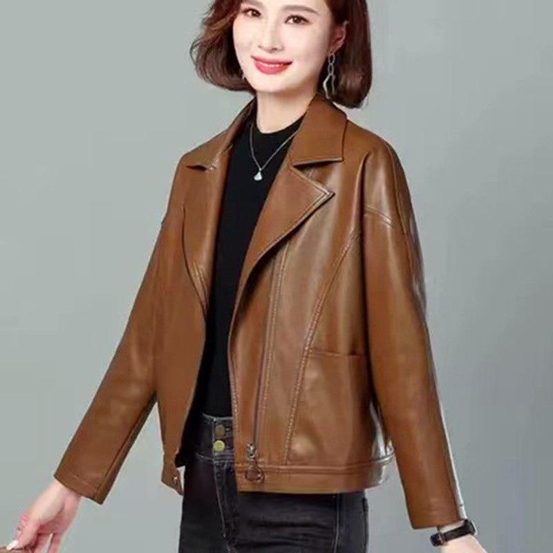 Haining Short Leather Jacket Women's Autumn Loose Short Slim Locomotive Suit Slim Women's Leather Jacket