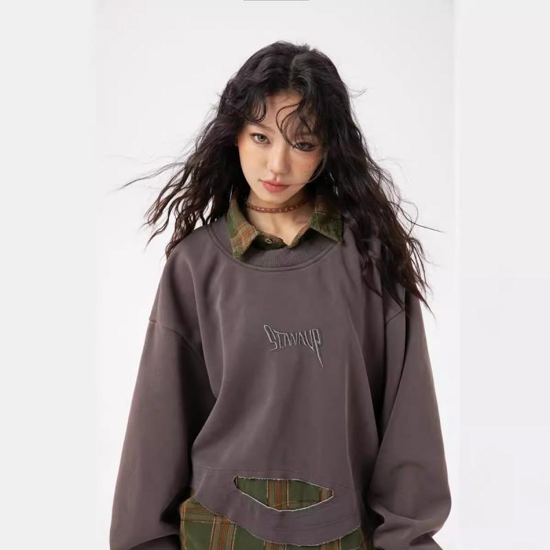 Unisex Oversized Plaid Patchwork Distressed Turn-Down Collar Hoodie Fall Casual Streetwear