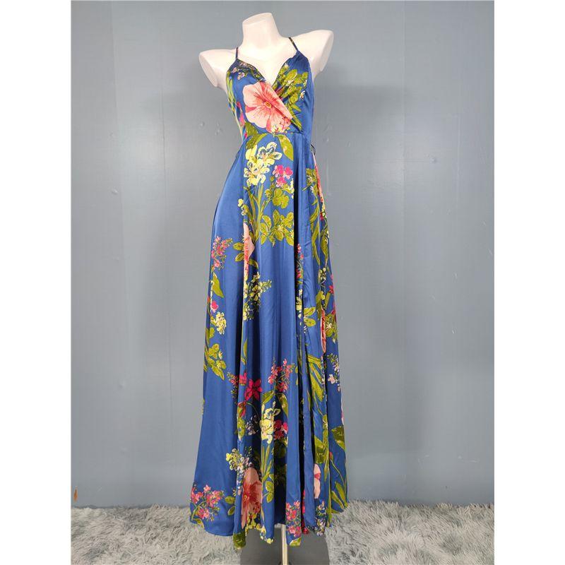 

Export Single Cross-Border Lu Home Sling Open Back Acetate Satin Exquisite Print High Quality V Neck Split Long Dress Blue Flower XS