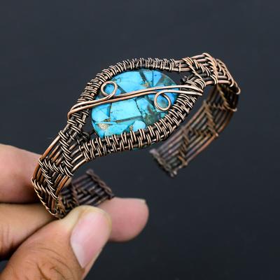 Natural Copper Turquoise Gemstone Handmade Copper Wire Wrap Bangle Adj. j8L84