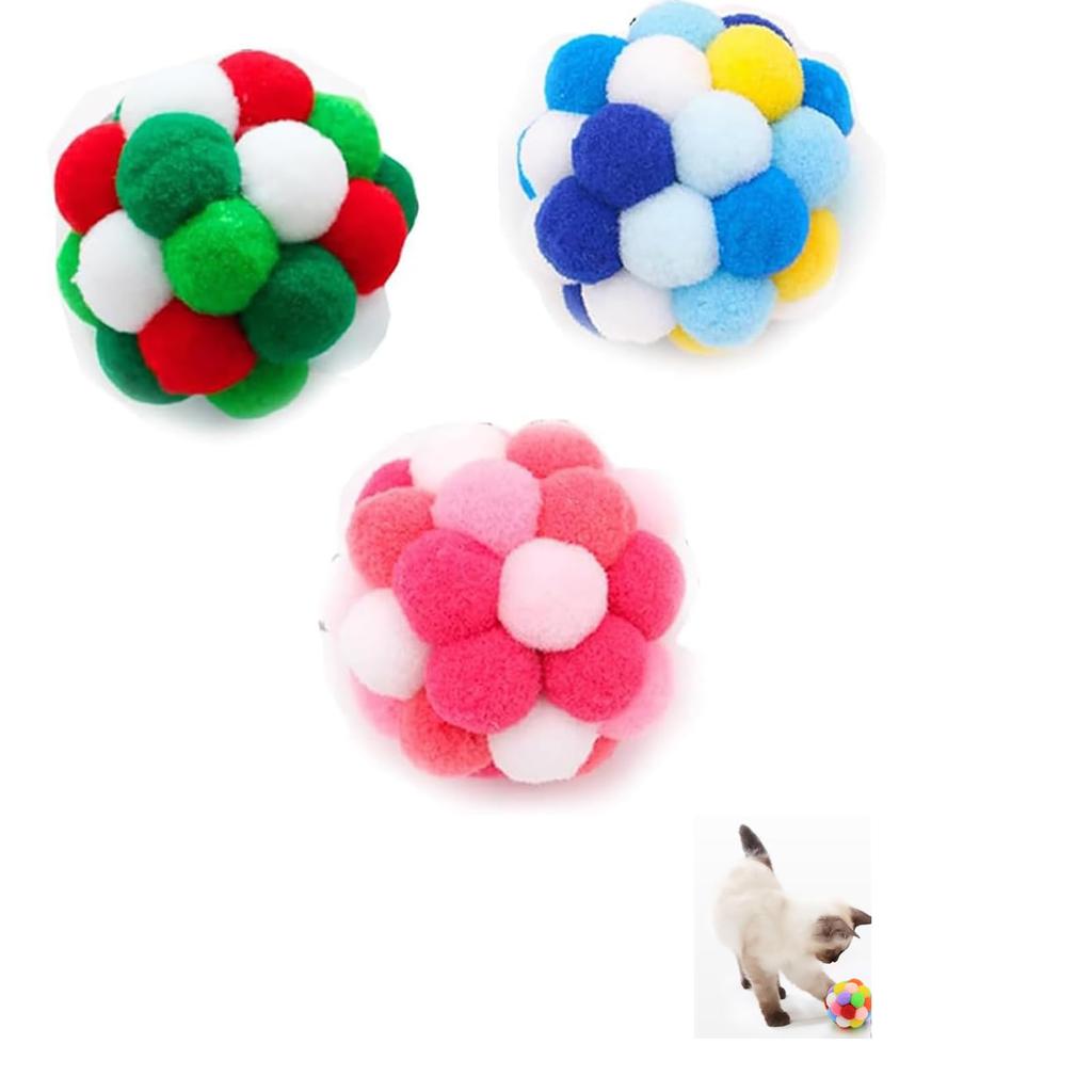 Mirhua Cat Pom-Pom Balls, Pet Toy, 3-Piece Set, Exercise Relief for Kittens and Adult Cats (Green, Blue, and Pink)