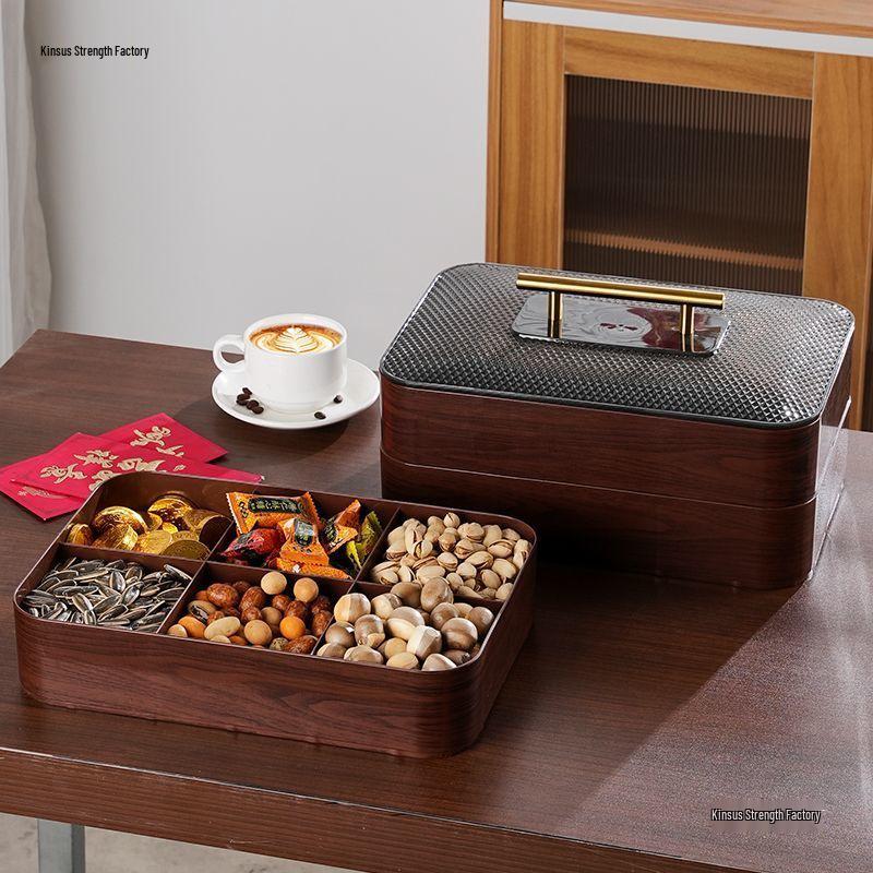 Wood Grain Multi-Grid Dried Fruit Candy Box - Thickened, Sealed, Moisture-Proof, Double-Layer Storage Plate