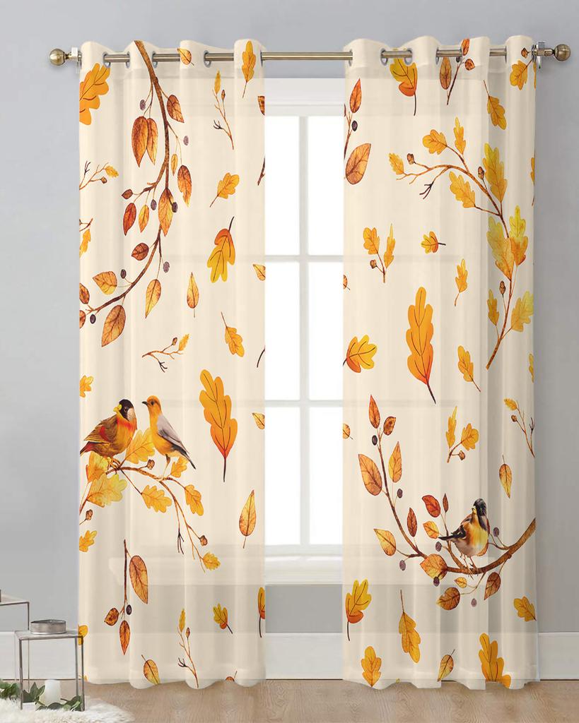Herbstblätter Spatzen Nüsse Zweige Transparente Vorhänge zur Wohnzimmerdekoration Fenstervorhänge Küche Tüll Voile Vorhänge