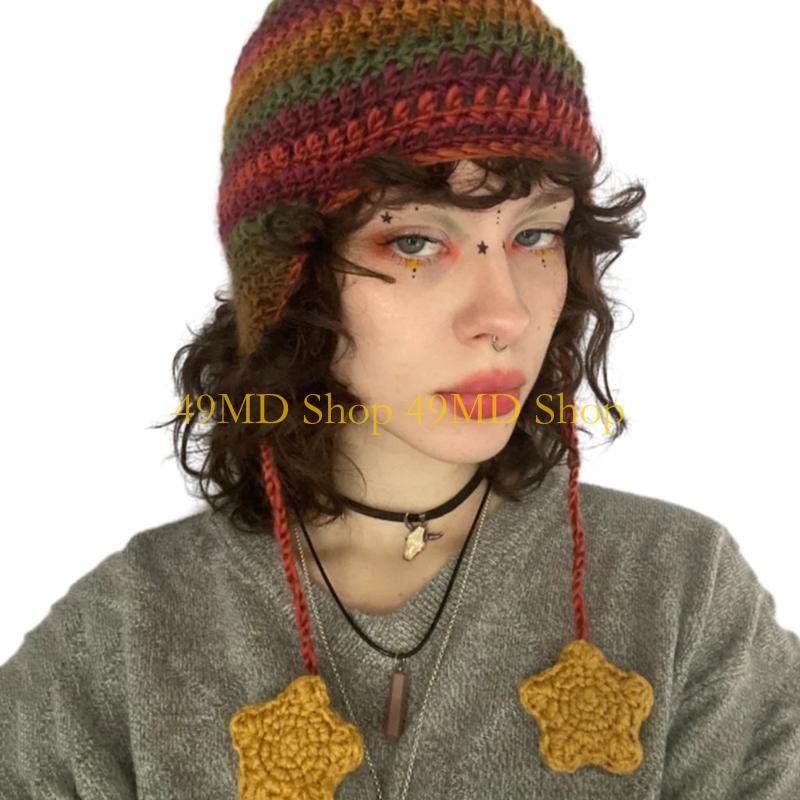 49MD Lovely Striped Hat for Girls Hats Gift for Friend Soft Crochet Star Hat
