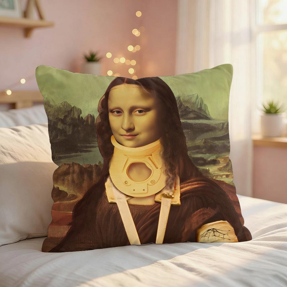 Mona Lisa Interesting Abstract Cushion Cover Silky Short Plush Invisible Zipper Dustproof Sofa Pillow Case For Home Decor