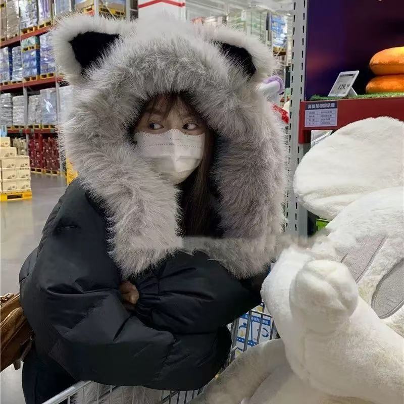 

Утолщенная плюшевая шапка-ушанка с лисьими ушками, шарф-интегрированный, осенне-зимняя, холодо- и теплозащитная