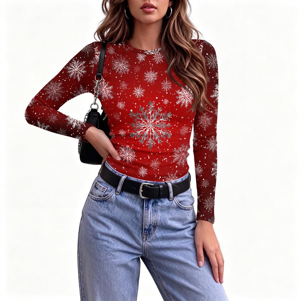 Women's Slim Fit Christmas Print Long Sleeve T-Shirt Round Neck Casual Holiday Top