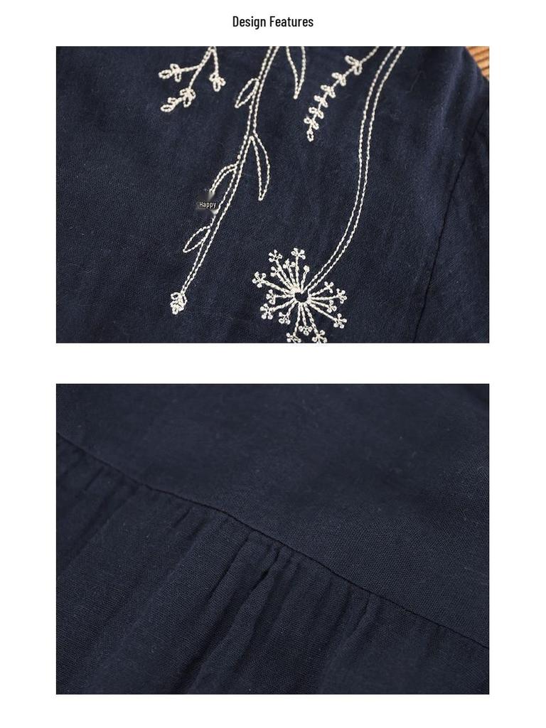 2024 Artistic Retro Floral Embroidered Cotton Linen Long Sleeve Shirt for Women - Loose Fit for Spring & Autumn