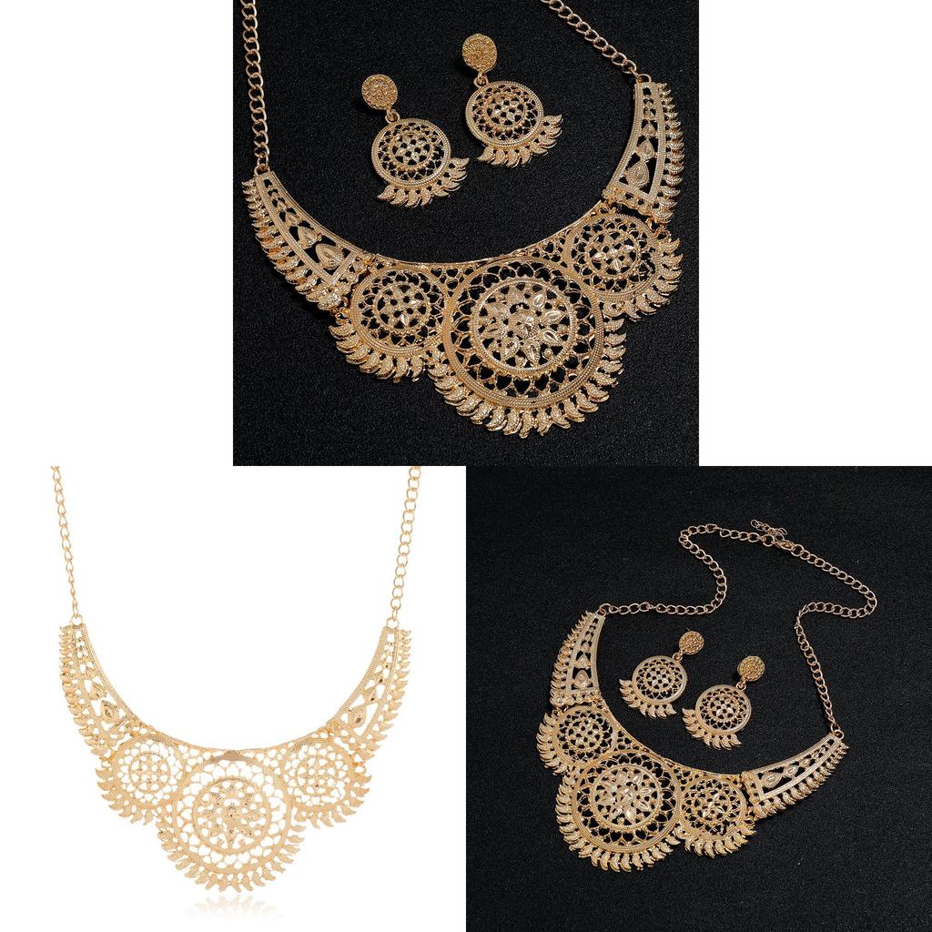 Ethnischer Stil Schmuck Halskette und Ohrring Set Mit Hohlblumenmuster Metallisches Finish Für Damen und Herren