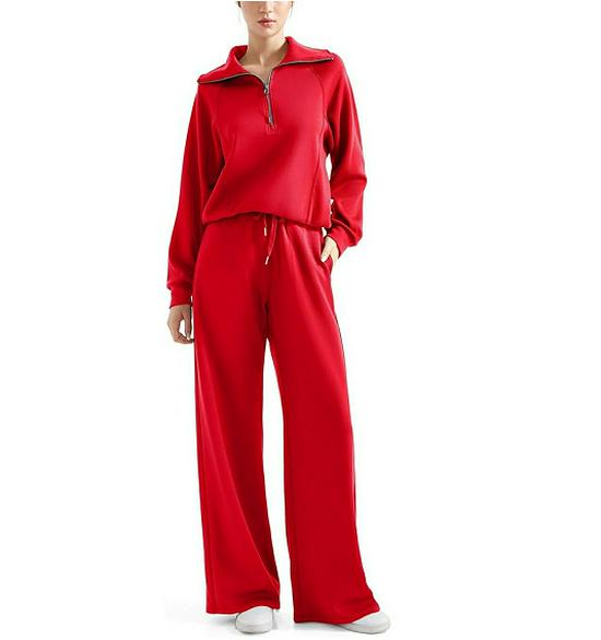 2024 Herbst/Winter Damen Freizeit-Sportbekleidung: Sweatshirt mit Reißverschluss & Weitbeinige Hose Zweiteiler