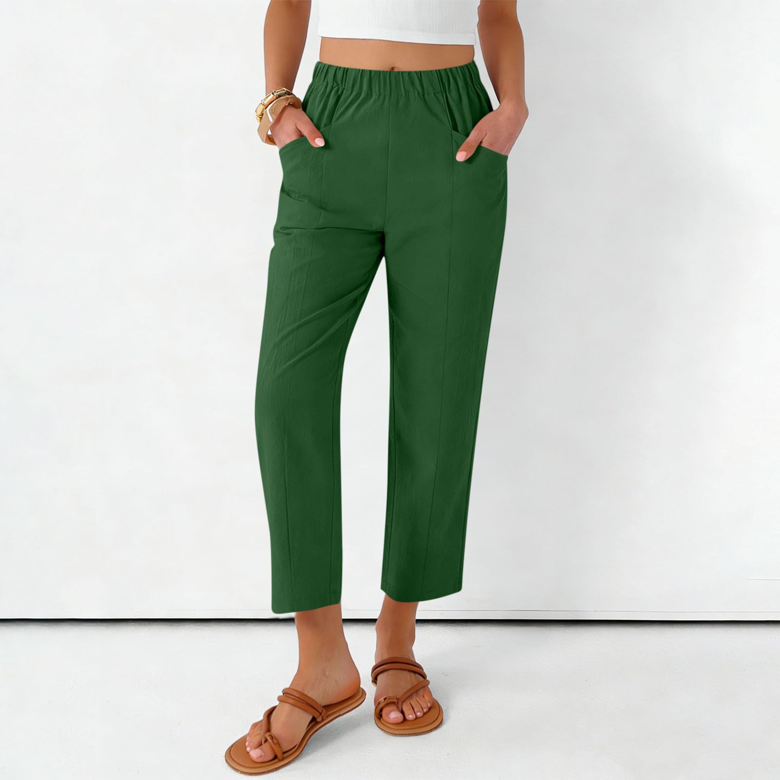 

Women s Fashionable Loose-Fit Pocket Cotton-Linen Blend High-Waisted Wide-Leg Pants Casual Cropped Trousers XL зелений