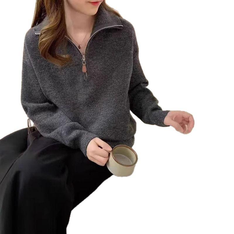 Korean Style Small Horse Embroidery Half-Zip Lapel Pullover Knitwear for Women