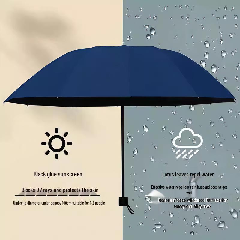 Large Dual-Use Umbrella for Sun and Rain, Manual Folding, Reinforced for Two, Black Glue Sunscreen, Suitable for Men and Women