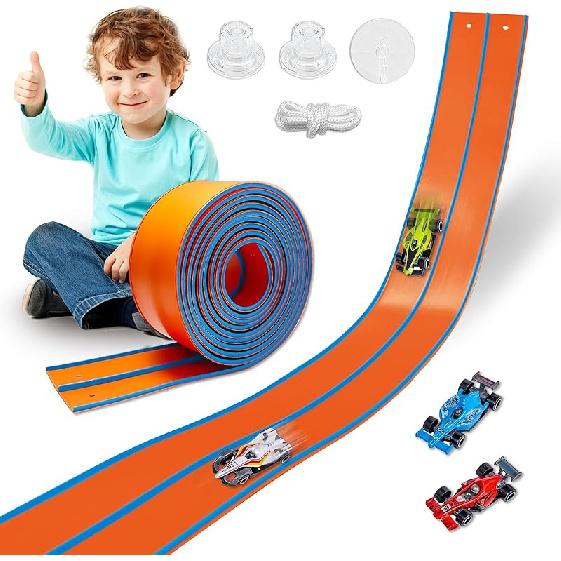 Flexibles Rennbahnspielzeug für Kinder 4,5 m mit 4 Autos & Saugnäpfen, Tragbare zweispurige Rennbahn kompatibel mit Hot Wheels & 1/64 Die-Cast-Autos,