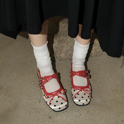 Dames Rood Stippen Satijnen Mary Jane Ballet Flats met Zachte Zool