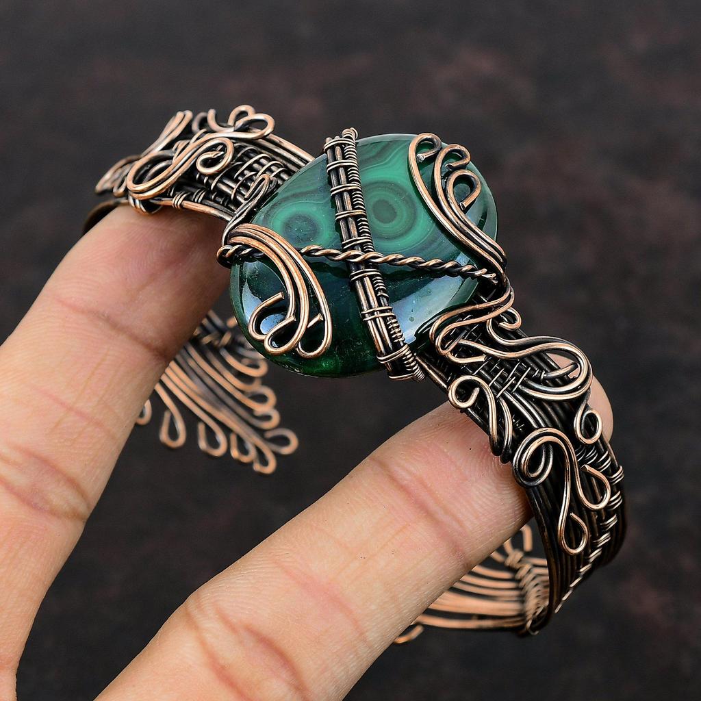 Malachite Cuff Bracelet Copper Wire Wrapped Bangle Adjustable Bangle Handmade Jewelry Gemstone Bracelet Antique Copper Jewelry Wedding Gift