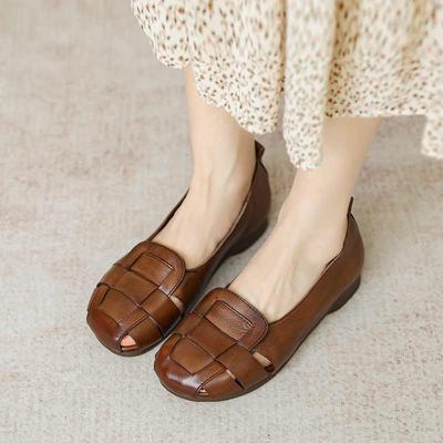 Weichsohlige Taschenkopf-Sandalen Damen Sommer und Herbst 2025 neu retro flachsohlige Weichleder Römerschuhe weichsohlige Mutterschuhe