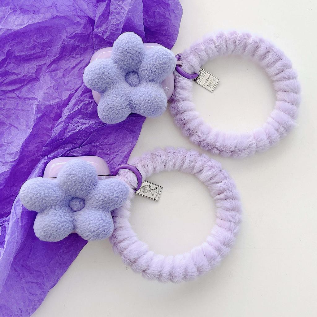 Fialový květ 3D náramek Plyšový hřejivý roztomilý kreslený bezdrátová Bluetooth krabička na nabíjení sluchátek pro Apple Airpod Pro 2. pouzdro 1 2 3