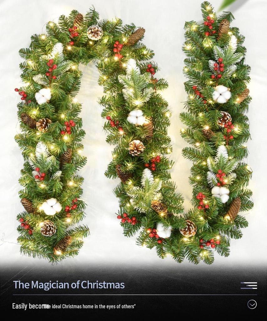 Christmas Glimmer: Garland Set for Tree, Window, and Fireplace with Flocked Leaf Ornaments