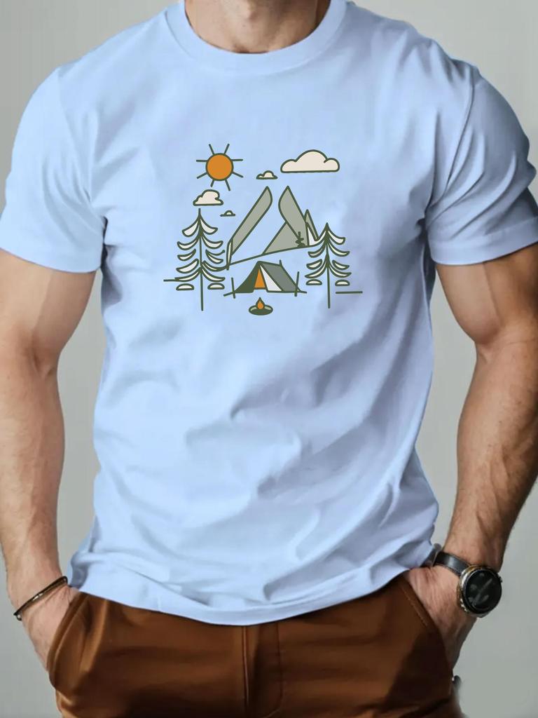 Pure Cotton Men's Summer Round Neck Short Sleeve T-shirt Camping Tent Adventure Print Breathable Casual Daily Wear Trendy Tee