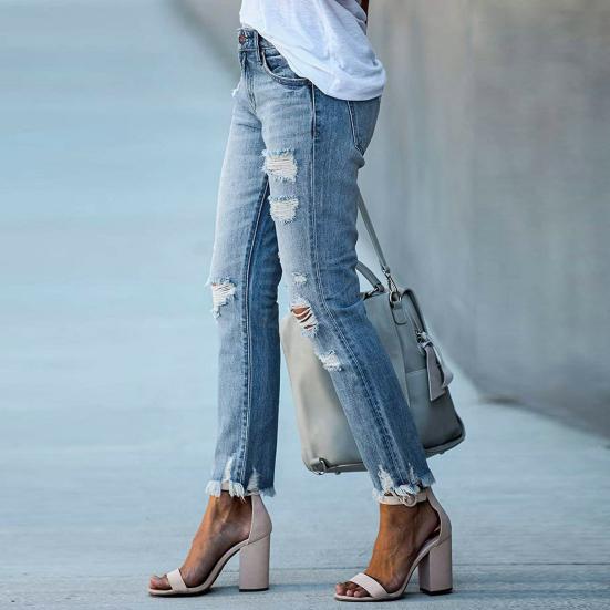 Women's Skinny Ripped Jeans Mid Rise Distressed Destroyed Denim Pants with Pockets Stretchy Slim Fit Jean Trousers