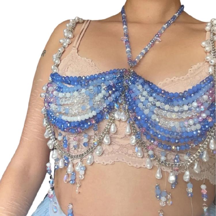 

Women s Gradients Body Chain Jewelry Bra Colorful Beaded Tassels Halter Neck Crop Top For Dancing and Festivals Wear 1 синий