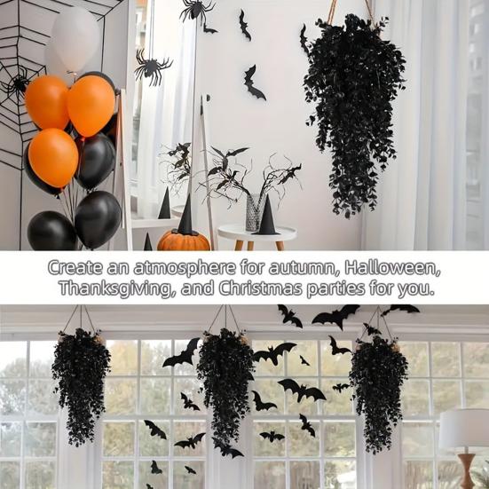 2 ks Halloweenská závěsná umělá eukalyptová strašidelná umělá černá listová větev vnitřní venkovní nástěnná závěsná falešná plastová rostlina černá zeleň dekorace