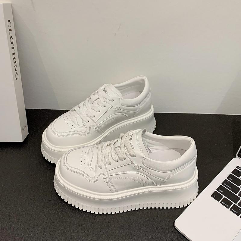 ქალის პლატფორმიანი ფეხსაცმელი, ქალის სპორტული ფეხსაცმელი 2024, ახალი, თასმებიანი, მაღალი ქუსლით, მრავალმხრივი, დაბალყელიანი, ყოველდღიური, მყარი ტყავის, პატარა ვაფლის ფეხსაცმელი