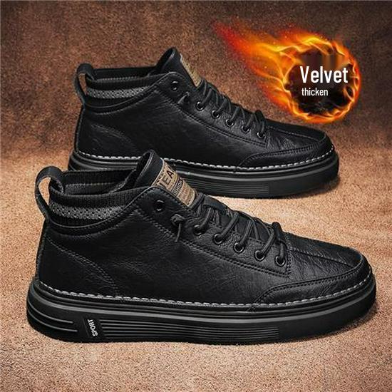 

Men s Versatile Black Leather Winter High-Top Shoes - Warm, Lightweight, British Style Casual Footwear 39