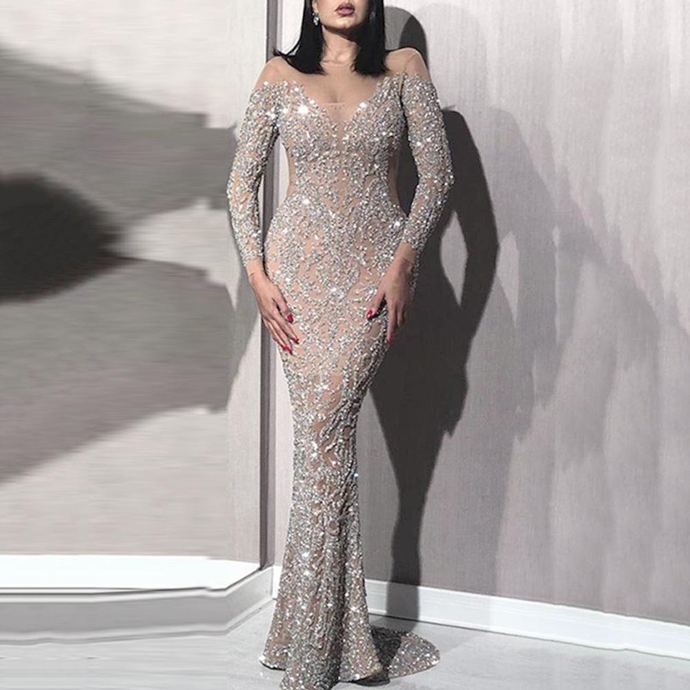 

2026 European and American Spring Evening Dress: Sexy Slim Long-Sleeved Hot Stamped Skirt for Banquets S