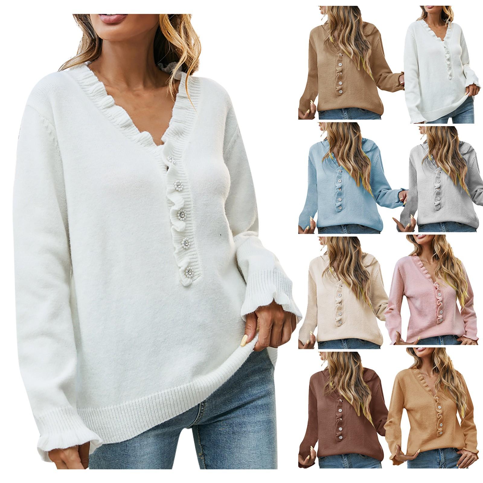 

(SU)Женский повседневный плиссированный вязаный свитер с длинными рукавами и v-образным вырезом на пуговицах