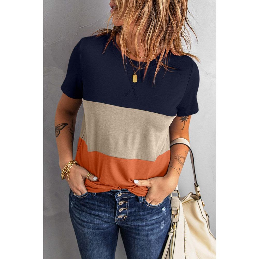2025 Spring and Summer New Color Matching Short-sleeved T-shirt Women's Loose and Versatile Top Color Matching Cw34305
