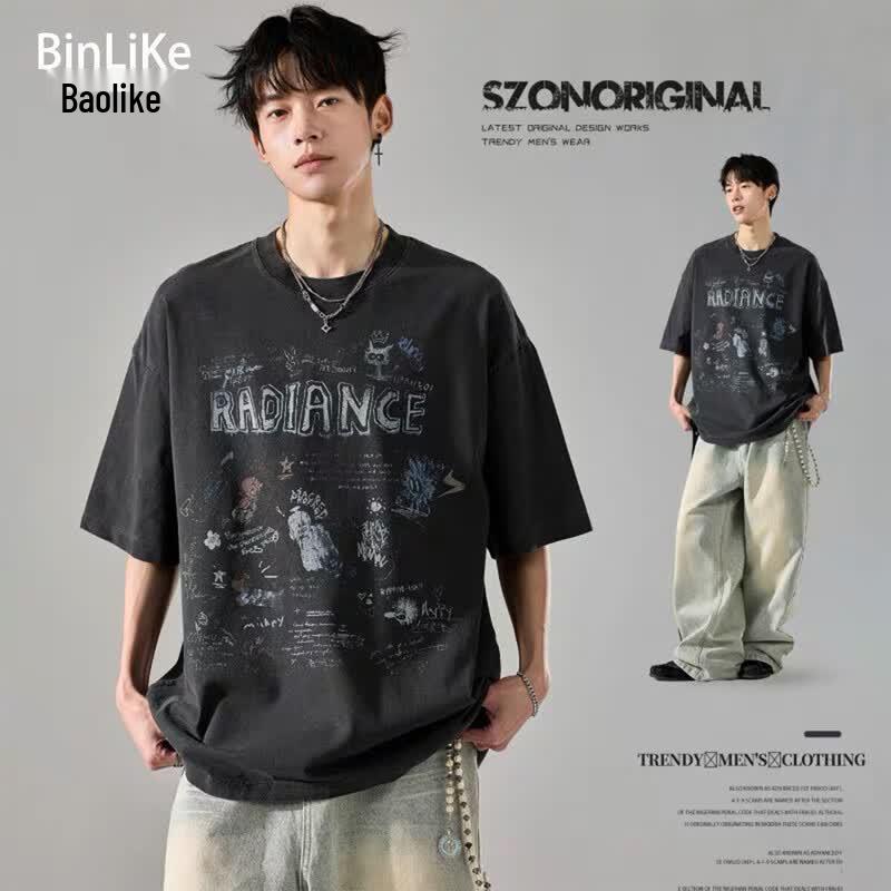BINLIKE Men s Oversized Graffiti Half-Sleeve T-Shirt L