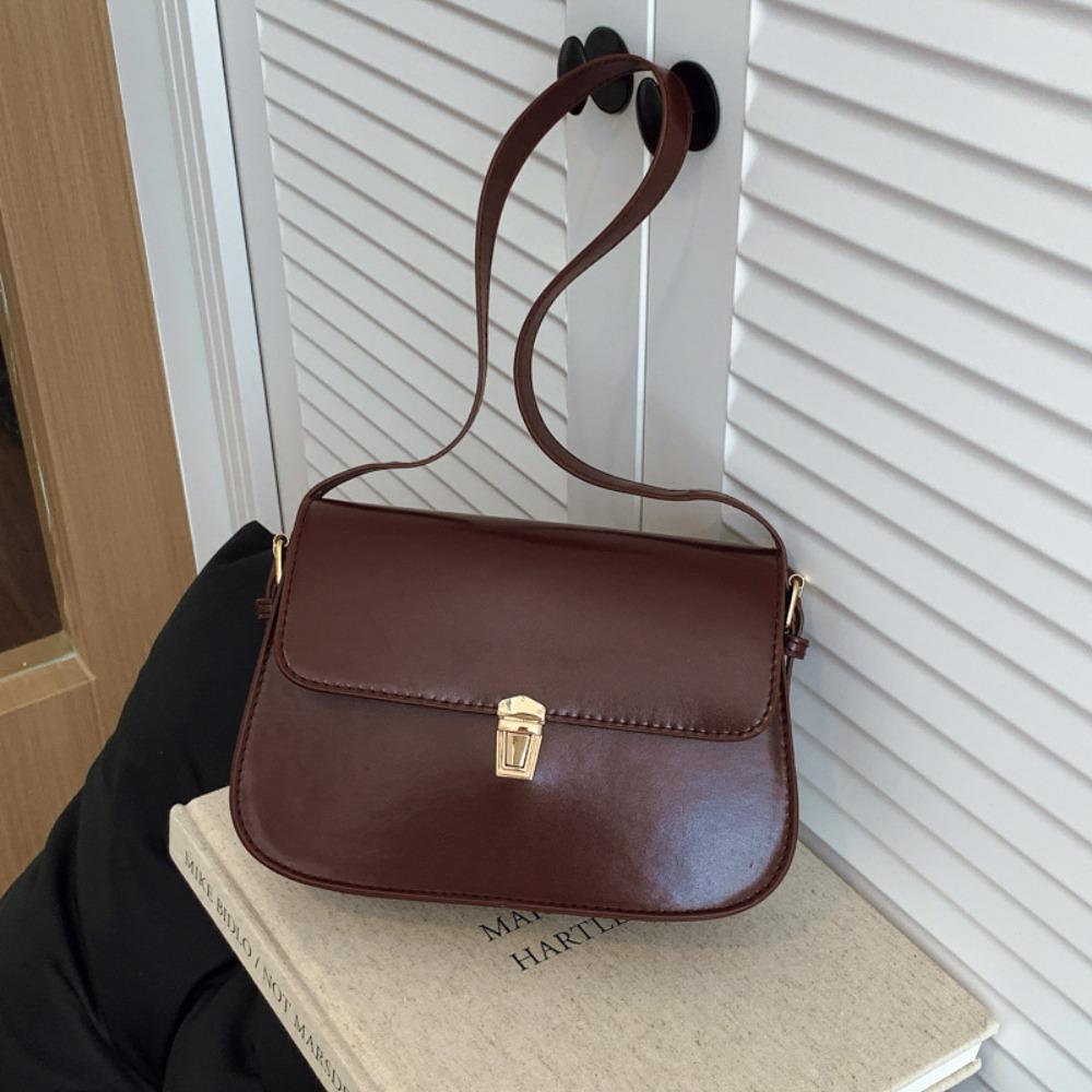 Solid Color Buckle Shoulder Bag Vintage Women's Armpit Bag Portable Retro Underarn Bag  Female