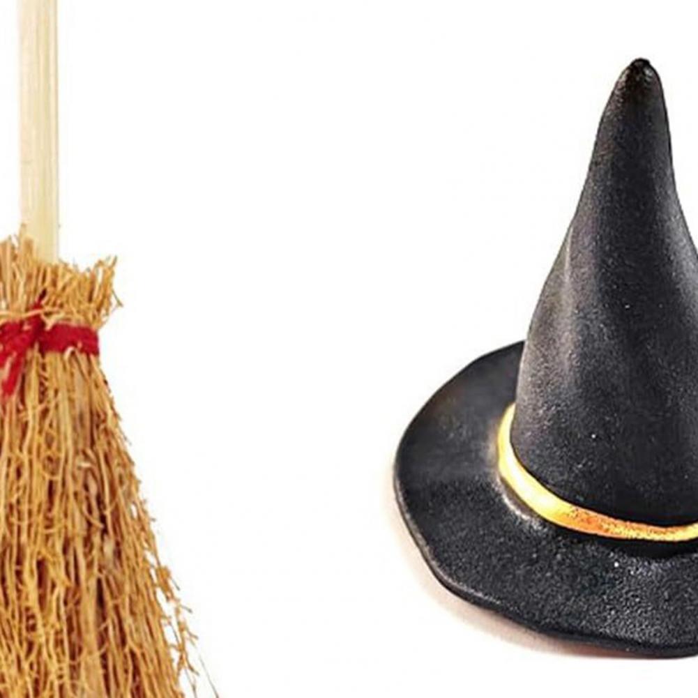 24 Pcs/Set Mini Witch Hat with Mini Broom Miniature Straw Brooms Plastic Witch Hat Set for Halloween Party Decoration