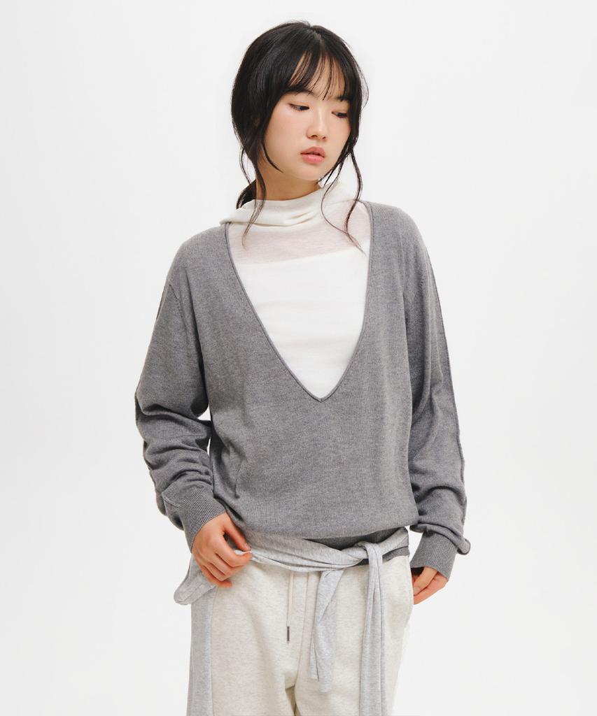 GENERALIDEA [Suyeon Pick] Deep V-Neck Loose Fit Knit Pullover [Melange Grey] / Gf3Lkp506