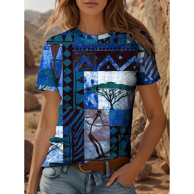 Women's T-Sleeve Geometric Color Matching Pattern Printing Bohemian Style Retro Ethnic Elements Short-Sleeved Women's Clothing