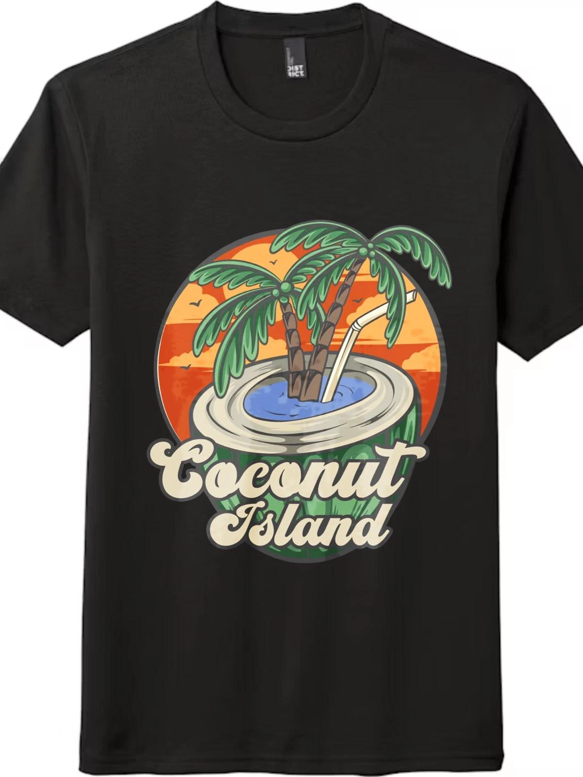 Coconut Island Retro Sunset Graphic T-Shirt, Tropical Beach Casual Tee XXL