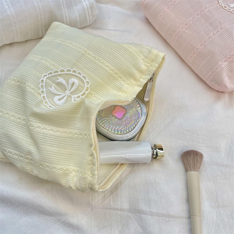 Beautiful And Simplicity Cosmetic Bag Sweet Embroidery Bow Striped Makeup Case Portable Travel Earphone Cable Storage Bags