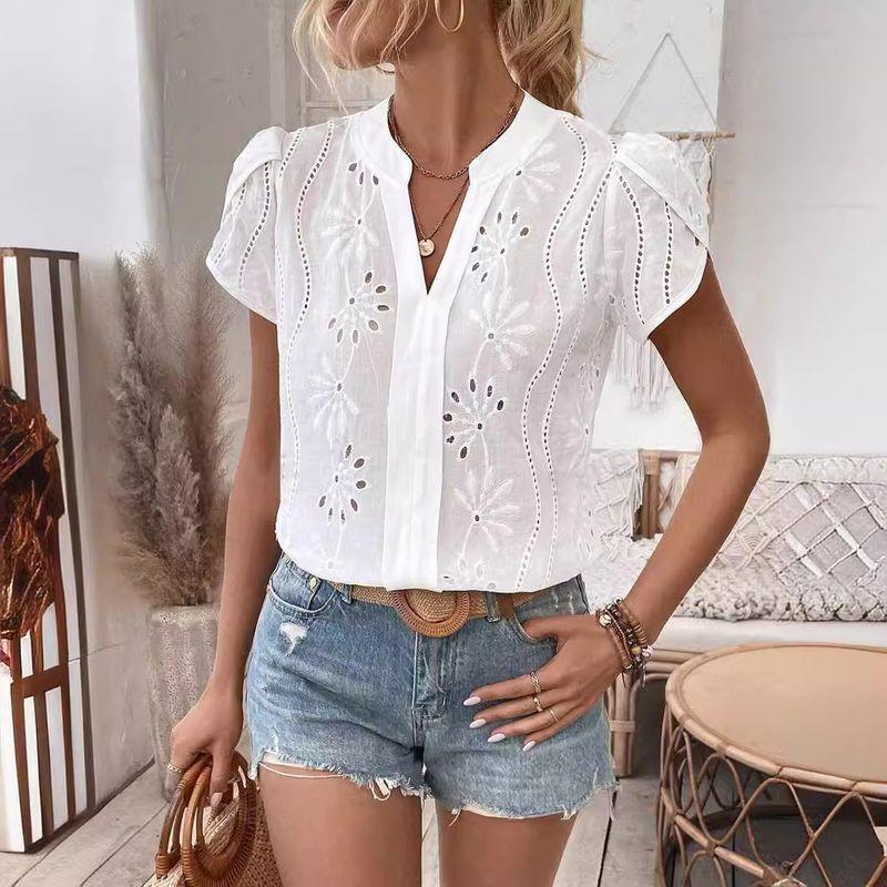 

Hollow V-neck Casual Pullover Shirt Solid Hollow out V-neck Casual Pullover Shirts White S