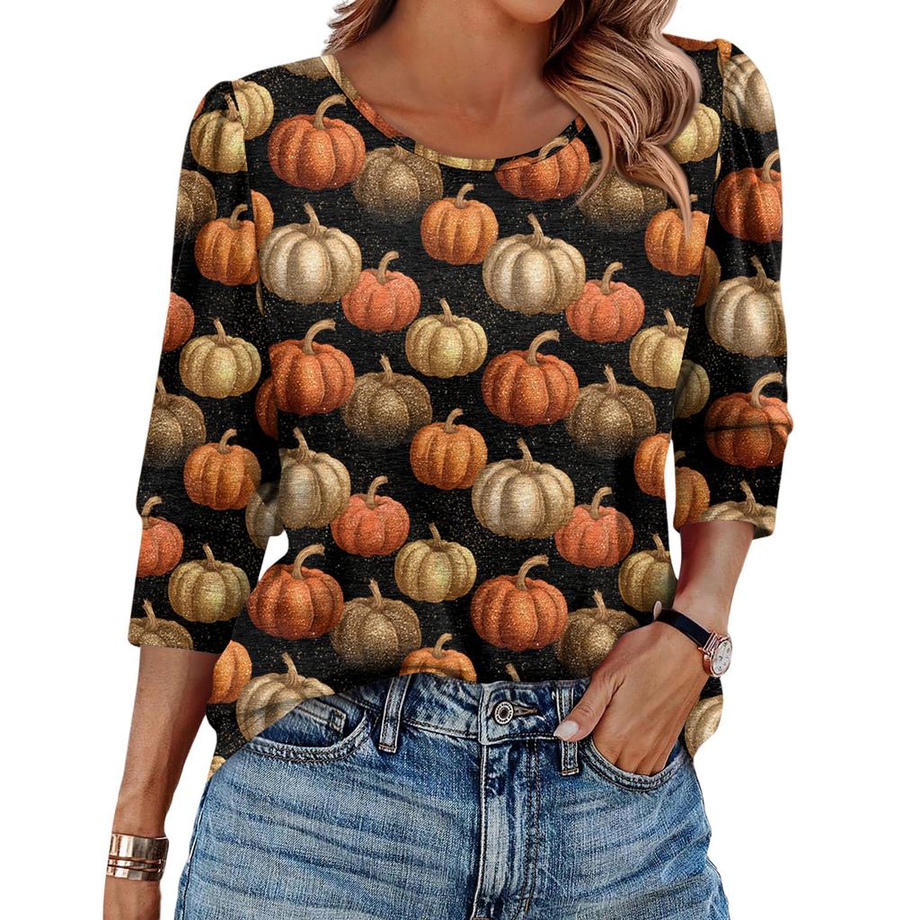 Women's Fashionable Casual Round Neck Seven Quarter Sleeve Halloween Printed Bubble Sleeve Top