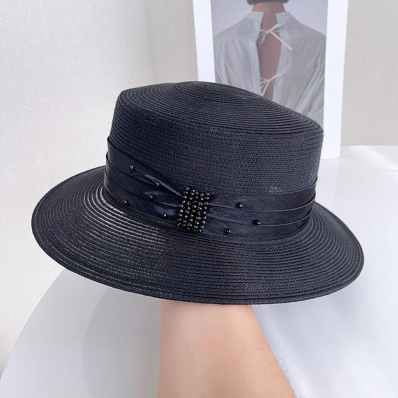 

Elegant Fashion Rhinestone Sequined Hat Women Summer New Design Versatile Sun Straw Hat Vacation Outing Flat Sunshade Top Hat 56-58CM чорний