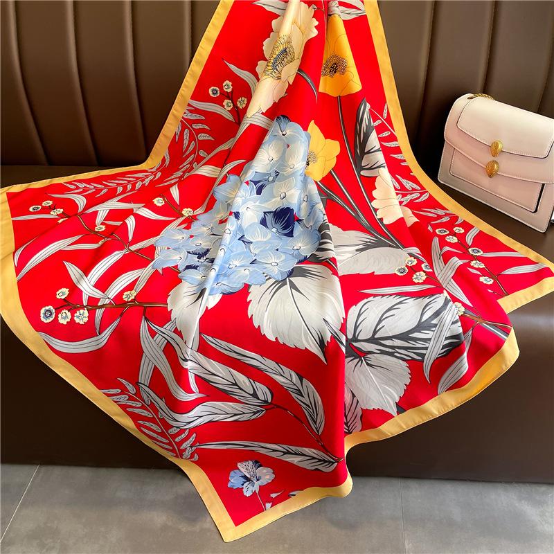 Fashion 90x90cm Satin Silk Scarf Women Luxury Large Shawl Wrap Muslim Hijab Headband Beach Stoles Female Bandana Foulard Turban